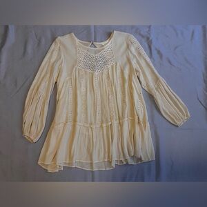 Adiva Boho Cream Lace Peasant Blouse | Long Sleeve Flowy Top | Size M